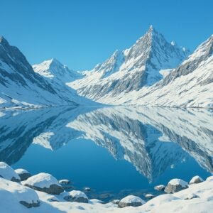 Minimalistyczna ilustracja przedstawiająca spokojne, lustrzane jezioro otoczone ośnieżonymi skałami i majestatycznymi szczytami. Idealne wizualne dopełnienie opowieści o spacerze pełnym ciszy, emocji i odkrywania piękna natury.